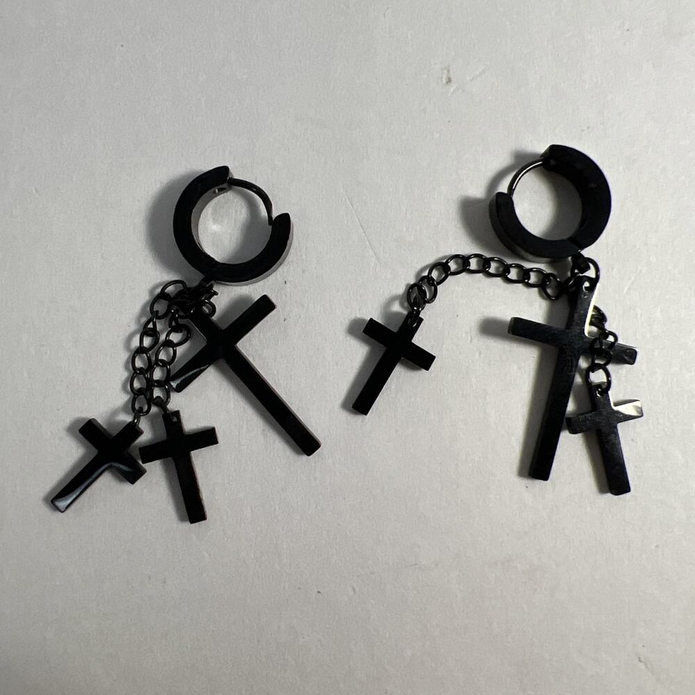 Black Cross Earrings Unisex Hoop 3 Crosses Dangle 2 Inch Crosses Huggie